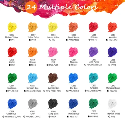Showcases the wide range of 24 different paint colors included in the set, allowing customers to see the exact shades available.