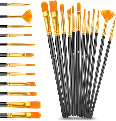 Shows the variety of brush types and sizes included in the set, helping artists understand the range of tools available for different painting techniques.