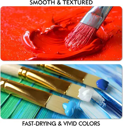 Demonstrates the smooth and textured qualities of the paint, as well as its fast-drying properties and vivid color payoff.