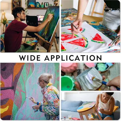 Showcases the wide range of artistic applications and mediums that can be used with the product, from canvas painting to watercolors to mural art.