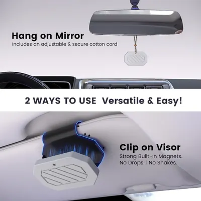 Demonstrates two ways to use the product - as a hanging mirror or clipped to the visor, highlighting its versatility and ease of use.
