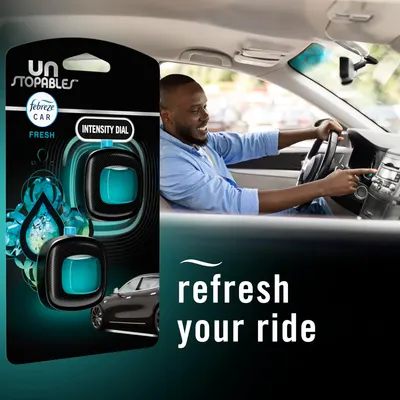 Single feature graphic which shows the product in action and a general message about having a fresh ride, shows in use in a car. Also shows packaging. 