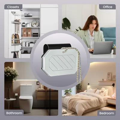 Demonstrates the product's versatility by showing its application in multiple areas of the home, including closets, office, bathroom, and bedroom.