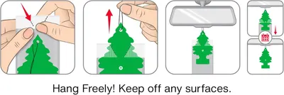 Demonstrates the correct way to hang and position the air freshener product in a vehicle, emphasizing proper placement for effectiveness.