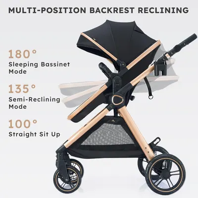 Demonstrates the stroller's versatility with multiple reclining positions to accommodate different needs of the baby.