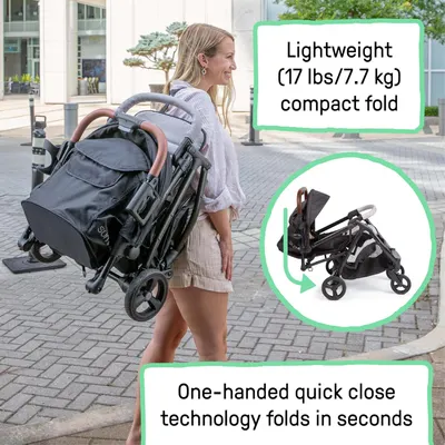 Highlights the stroller's lightweight design, compact folding ability, and easy one-handed closing mechanism to appeal to parents looking for a convenient and portable option.