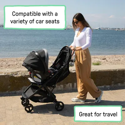 Highlights that the stroller is compatible with various car seats, making it versatile for different vehicles and travel needs. Demonstrates the stroller's suitability for travel, showing its use in…