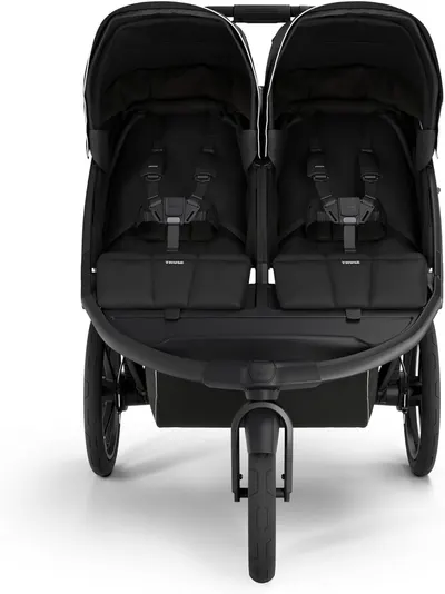 Shows the complete double stroller product, highlighting its side-by-side seating configuration and overall design.