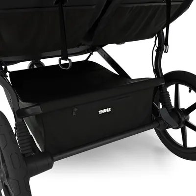 Highlights the included storage basket accessory, showing shoppers the additional storage capacity of the stroller.