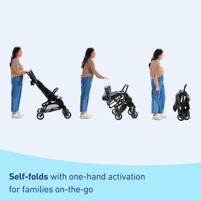 Demonstrates the easy folding process of the stroller, emphasizing its convenience for parents on-the-go. Highlights the stroller's self-folding feature, showcasing its ease of use for busy families.