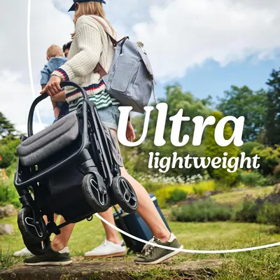 Emphasizes the stroller's ultra-lightweight feature, making it easy for parents to carry and transport. Shows the stroller being used in a real-world outdoor setting, demonstrating its suitability…