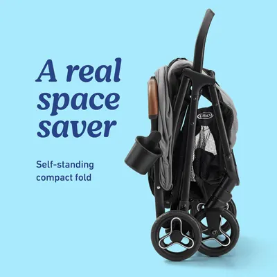 Highlights the stroller's space-saving design, emphasizing its ability to fold compactly and stand on its own when not in use.