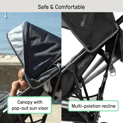 Highlights the stroller's safety and comfort features, specifically the canopy with sun visor and multi-position recline, to reassure parents about their child's well-being during use.