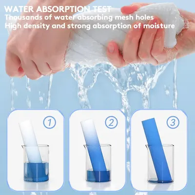 Demonstrates the product's superior water absorption capability through a visual test, highlighting its effectiveness for moisture control.