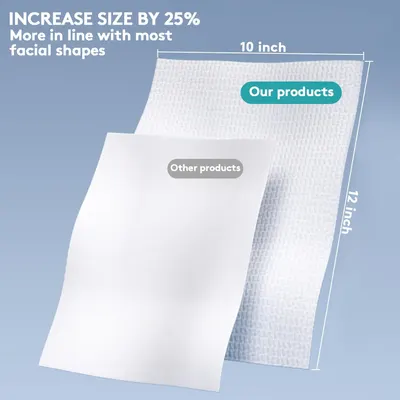 Demonstrates that the product is 25% larger than competitors, providing better coverage for facial shapes. Shows the exact dimensions of the product (10 inch x 12 inch) to give customers a clear…