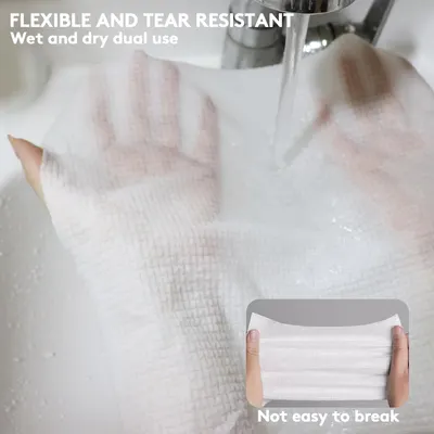 Highlights the product's durability and versatility for both wet and dry use, emphasizing its resistance to tearing.