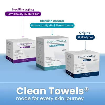 Guides customers to select the appropriate Clean Towels product based on their skin type and concerns. Showcases the different Clean Towels variants and their specific benefits for various skin…