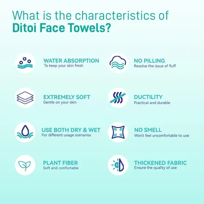 Highlights multiple key features and benefits of Ditoi Face Towels to demonstrate their quality and versatility for skincare use.