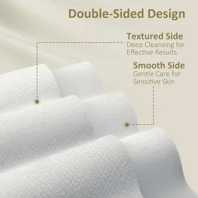 Highlights the product's dual-texture design to show versatility for different skin types and cleansing needs.