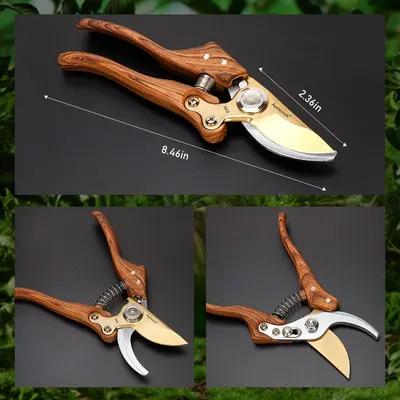 Shows the exact length of the pruning shears to give customers a clear understanding of the tool's size. Highlights the curved blade shape and wooden handle design to showcase the product's quality…