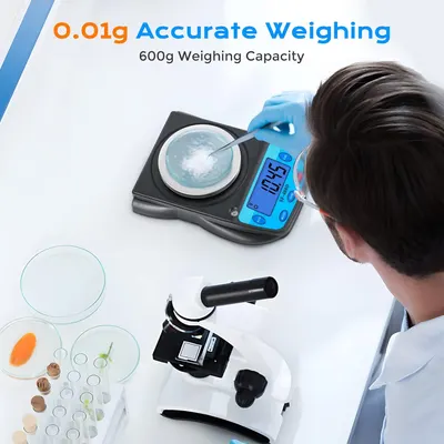 Highlights the scale's precise 0.01g accuracy and 600g capacity to appeal to users needing highly accurate measurements.