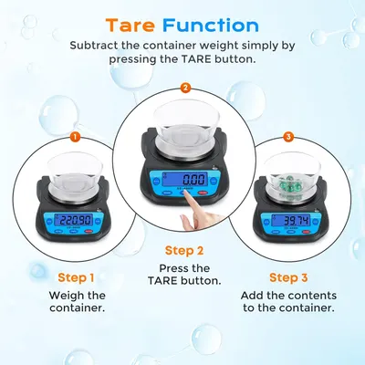 Explains how to use the tare function on a digital scale to subtract container weight, making it easier for customers to accurately weigh contents.
