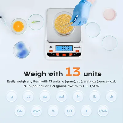 Highlights the scale's ability to weigh items using 13 different units of measurement, emphasizing its versatility and precision for various weighing needs.