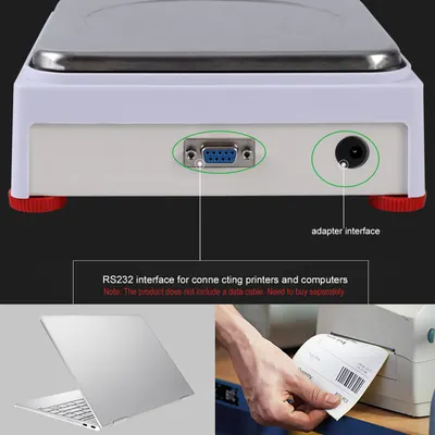 Highlights the product's RS232 interface for connecting to printers and computers, demonstrating compatibility with other devices. Points out and labels the specific ports on the device, helping…