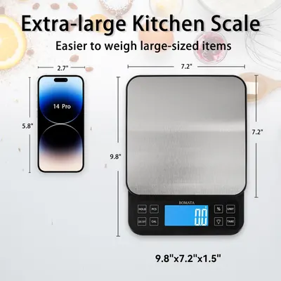 Demonstrates the large size of the kitchen scale compared to a smartphone, emphasizing its ability to weigh larger items easily.