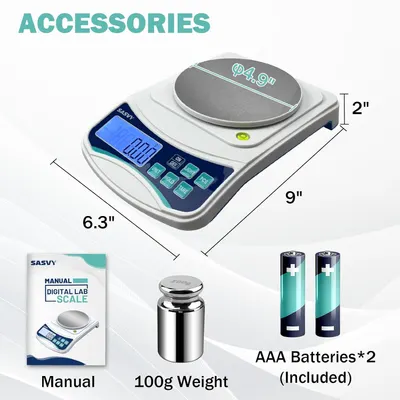 Shows all items included with the digital lab scale purchase, including the scale itself, manual, calibration weight, and batteries. Provides exact dimensions of the digital scale to help customers…