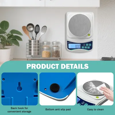 Highlights multiple practical features of the kitchen scale to demonstrate its convenience and ease of use.