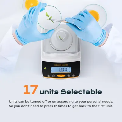 Highlights the product's ability to select from 17 different units, emphasizing convenience and versatility for various measurement needs.