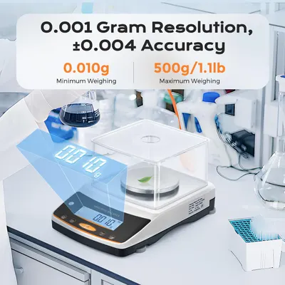 Highlights the scale's high resolution and accuracy, as well as its wide weighing range to demonstrate its versatility and precision for various weighing needs.