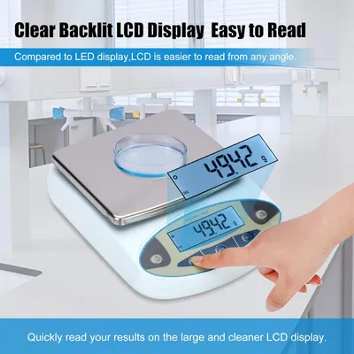 Highlights the product's easy-to-read LCD display, emphasizing its superiority over LED displays for readability from any angle.