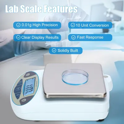 Highlights multiple key features of the lab scale to demonstrate its accuracy, versatility, and reliability for scientific measurements.