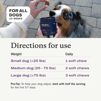 Provides clear directions for use based on dog size, helping pet owners administer the correct amount of probiotic chews. Informs that the product is suitable for all dogs 12+ weeks old, ensuring…