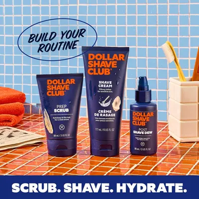Demonstrates the step-by-step process of using Dollar Shave Club products for a complete shaving routine. Shows the complete set of Dollar Shave Club products included for a full shaving routine.
