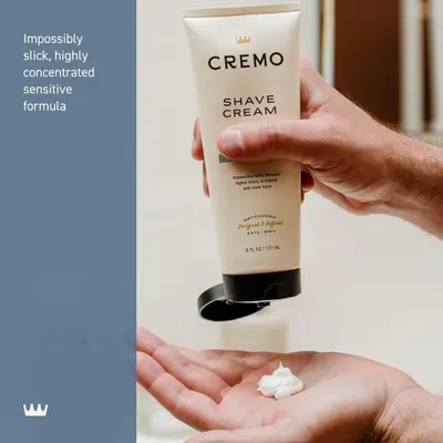 Highlights the product's highly concentrated and effective formula for sensitive skin, emphasizing its superior performance compared to regular shaving creams.