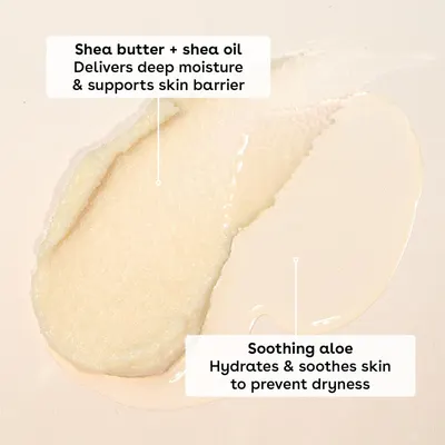 Highlights multiple benefits of the product ingredients, showcasing how they work together to provide deep moisture, support the skin barrier, hydrate, and soothe the skin.