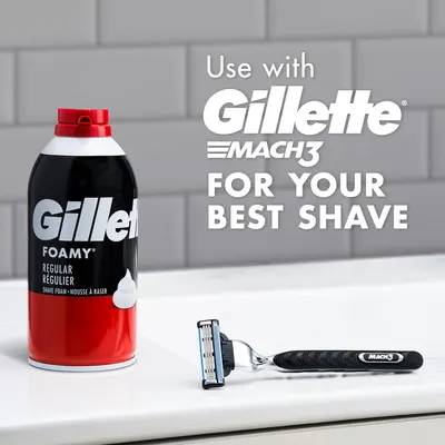 Informs customers that Gillette Foamy shaving cream is compatible with the Gillette Mach3 razor for optimal shaving results.