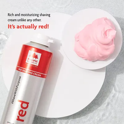 Highlights the unique red color of the shaving cream to differentiate it from other products and pique customer interest.