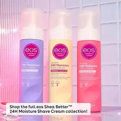 Showcases the full range of eos Shea Better 24H Moisture Shave Cream variants, highlighting different scent options available to customers.