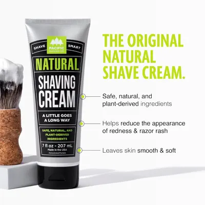 Highlights multiple benefits of the natural shaving cream, including safe ingredients, reduced skin irritation, and smooth results.