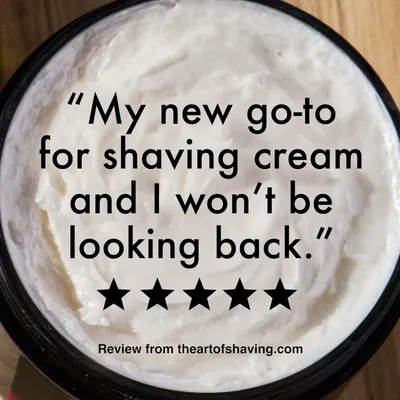 Builds trust and credibility by showcasing a positive customer review, emphasizing the product's effectiveness as a shaving cream.