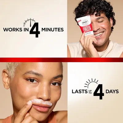 Highlights the product's quick effectiveness (4 minutes) and long-lasting results (4 days) to demonstrate its efficiency and value. Showcases the product's primary function as a hair removal cream,…