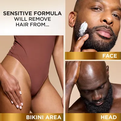 Demonstrates the versatility of the product by showing it can be used on different body areas including face, bikini area, and head.