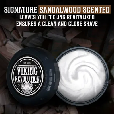 Highlights the product's signature sandalwood scent and its revitalizing effect, emphasizing the clean and close shave it provides.