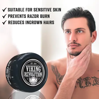 Highlights multiple benefits of the product for men's grooming, focusing on skin care and shaving improvements.