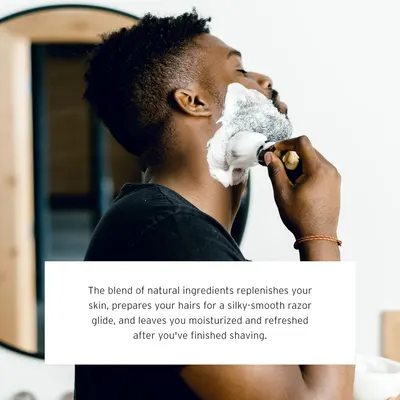 Highlights the product's natural ingredients that provide multiple benefits for a smooth, moisturizing shave experience.