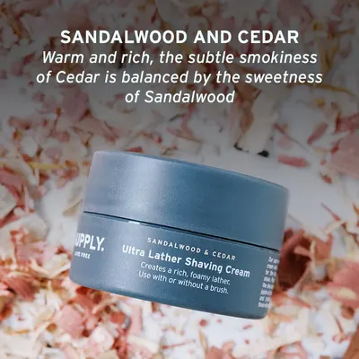Highlights the unique scent combination of sandalwood and cedar in the shaving cream, emphasizing the warm and rich aroma to appeal to customers seeking a luxurious shaving experience.